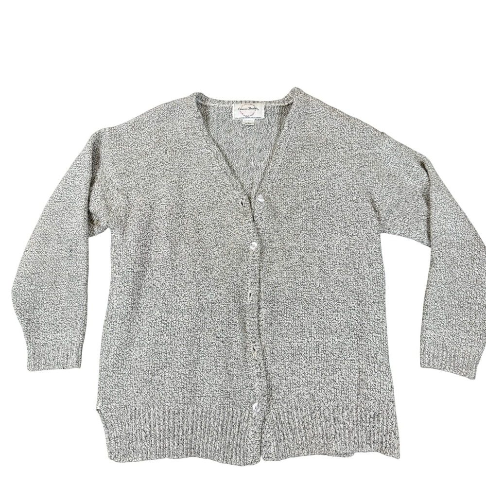 Lauren Brooke Marled Knit Cardigan Sweater Gray White Button Front V-Neck Large